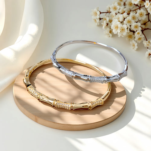 Neo-Chinese Simple Set Cubic Zirconia Slub Bangle Copper Gold Plated Thick Plated Rise Step Elegant Premium Hand Jewelry