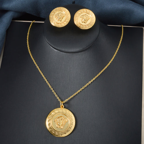 Western Simple Fashionable Versatile Round Dial Portrait Relief La Horse Necklace Personality Retro Creative Necklace Earrings Set