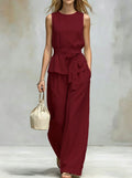 Spring-Summer Casual Sleeveless Belt Pants + Top 2-Piece Set