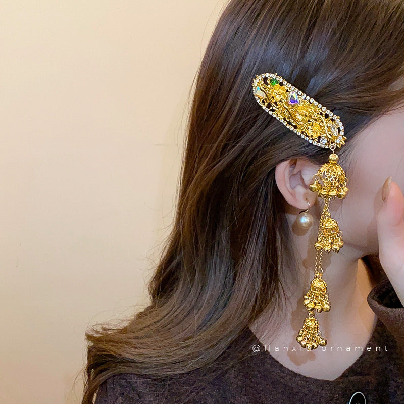 Rhinestone Oval Flower Bell Tassel Hair Clip - view 3