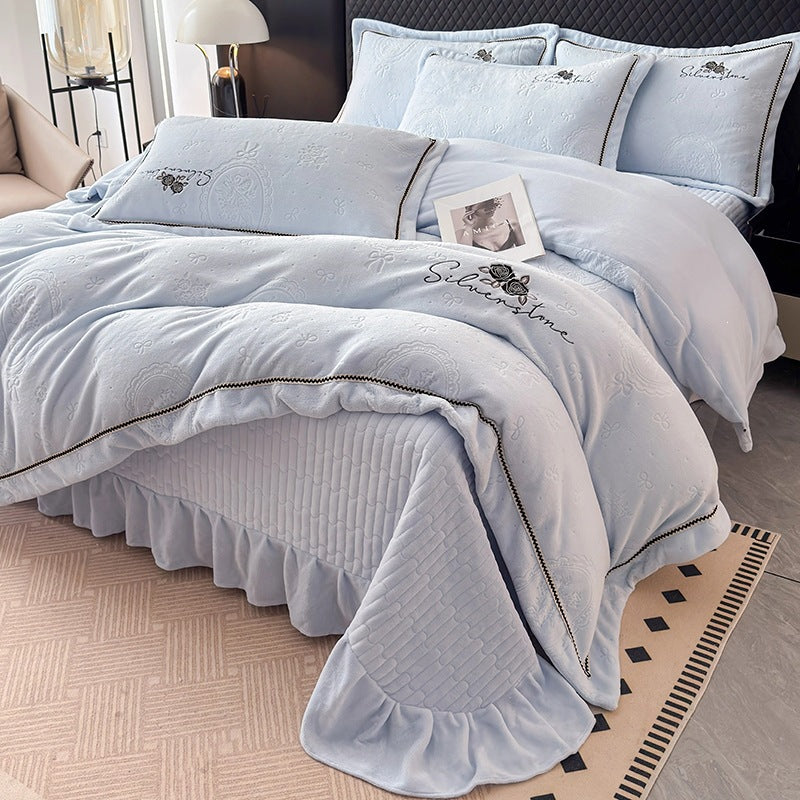 Floral Milkshake Embroidered Milk Velvet 4-Piece Bedding Set - view 3