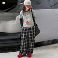 Girls' Faux Layered Printed Long Sleeve Top Plaid Pants Two-Piece Set