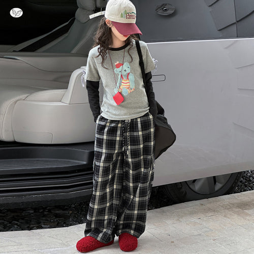 Girls' Faux Layered Printed Long Sleeve Top Plaid Pants Two-Piece Set