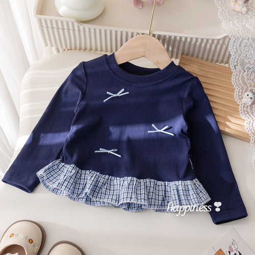 Girls' Bow Plaid Lace Trim Long Sleeve T-Shirt