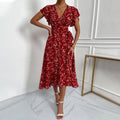 Women's Deep V Tie Waist Floral Vacation Maxi Dress