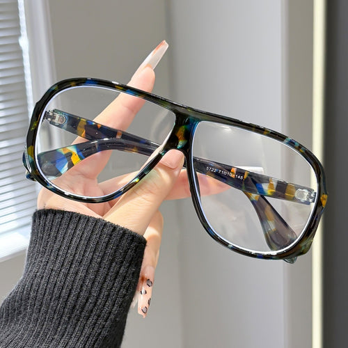 Street Snap Stylish Plano Women Flower Print Retro ins Fashionable Big Frame Aviator Anti-Blue Bare Face Glasses Frame