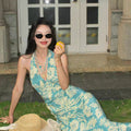 Peacock Blue Floral Halter Backless Dress, Seaside Vacation