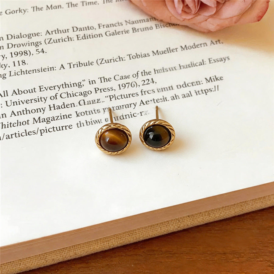 Vintage Tiger's Eye Round Stud Earrings - view 6
