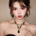Korean Style ins Rhinestone Fan Shape Teardrop Stud Earring Necklace Set Niche Design Detail Clavicle Chain Personality Elegant Trendy Necklace