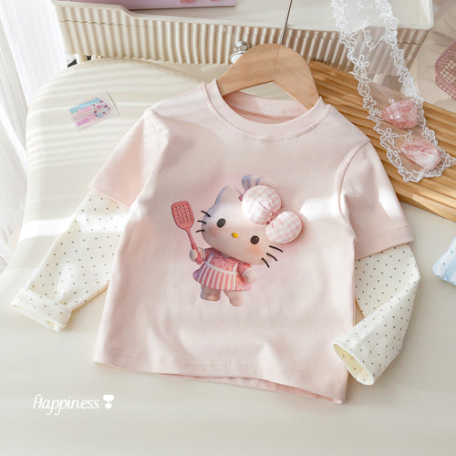 Girls' 3D Bow Faux Layered Cartoon T-Shirt
