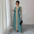 Women's Vacation Elegant Embroidered Long Sleeve V-Neck Dress + Long Skirt 2026 - Peacock Blue