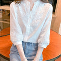 Summer Office Youthful Embroidered Cotton 3/4 Sleeve V-Neck Hollow-Out Shirt