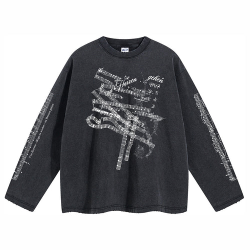 ARTIE Men's American Retro Washed Distressed Printed Crew Neck Long Sleeve T-Shirt