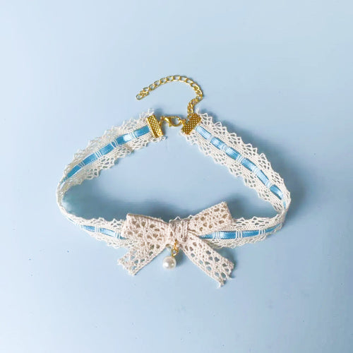 Handmade Japanese Aesthetic lolita Necklace Pearl Bow Lace Bead Collar Fairy Aura Maiden Choker Women N6356