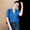 Women's Summer Knit Short Sleeve V-Neck Hollow-Out Cardigan + Top 2026 - Blue