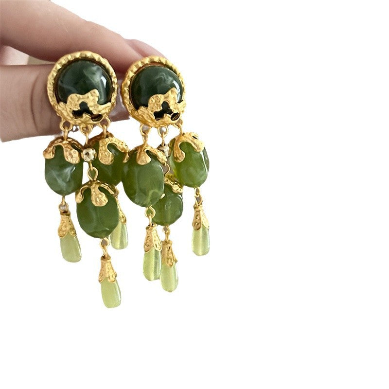 Olive Green Oval Pendant Tassel Stud Earrings – Vintage Style - view 5