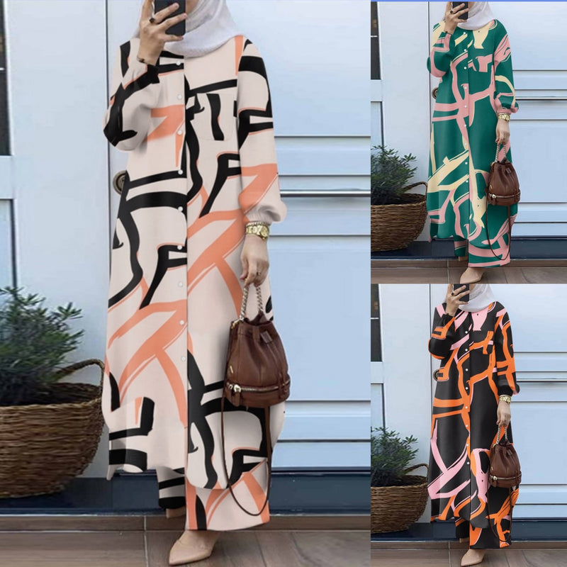 Fall Retro Fashion Printed Floral Wide Leg Pants + Shirt 2-Piece Set