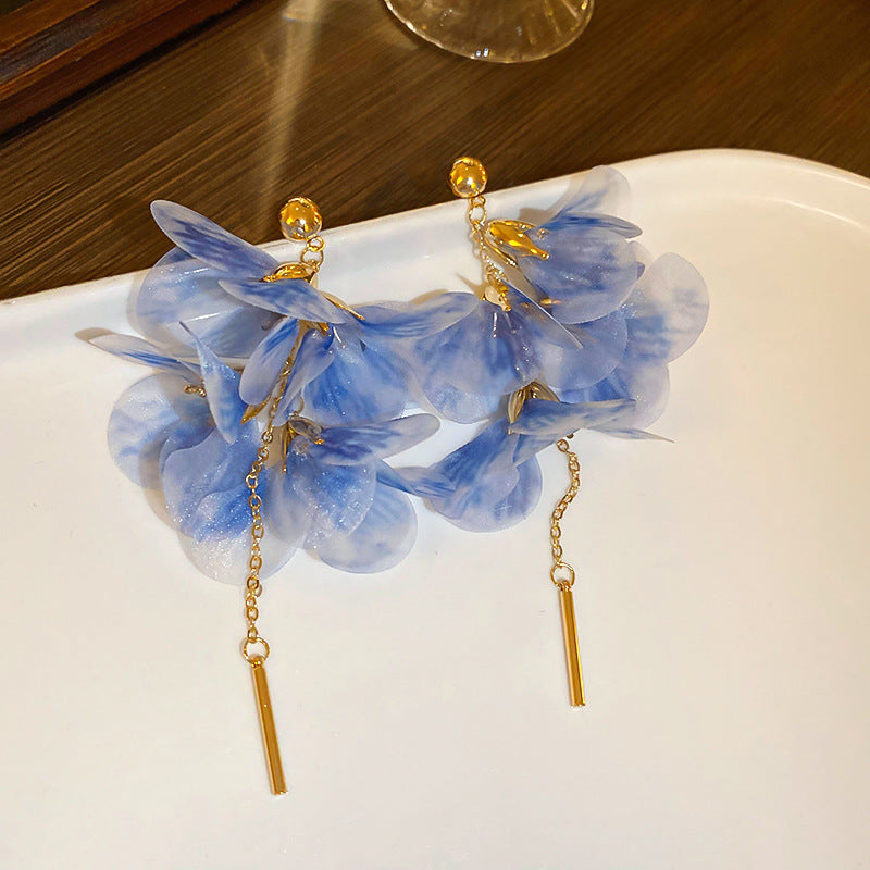 Pearl Flower Rhinestone Tassel Drop Earrings - view 8