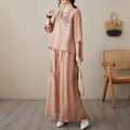 Summer Fashion Elegant Linen Cotton Embroidered Wide Leg Pants + Pants + Top Set