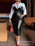 Office PU Belt Color-Block Shirt Dress, Long Sleeve
