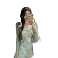 EI Yao New Chinese Retro Floral Camisole + Cardigan Two-Piece Set