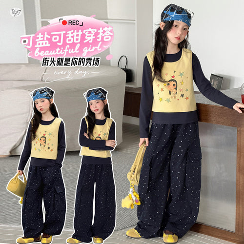 Girls' Cartoon Vest, Base Layer & Floral Cargo Pants - 3-Piece Set