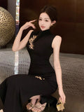 New Chinese Style Red Embroidered Cheongsam Bodycon Long Dress