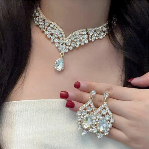 Rhinestone Teardrop Necklace Earrings Set Elegant Premium Clavicle Chain Light Luxury With Evening Gown Choker Luxury Necklace