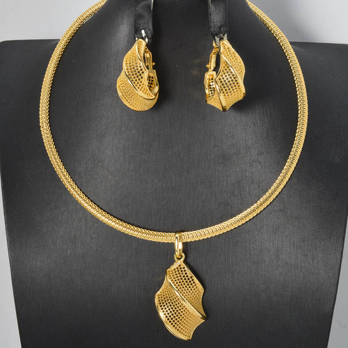 Overseas Dubai Middle East 18K Gold Geometric Net Form Pendant Jewelry Set Saudi Women Necklace Earrings Set Women