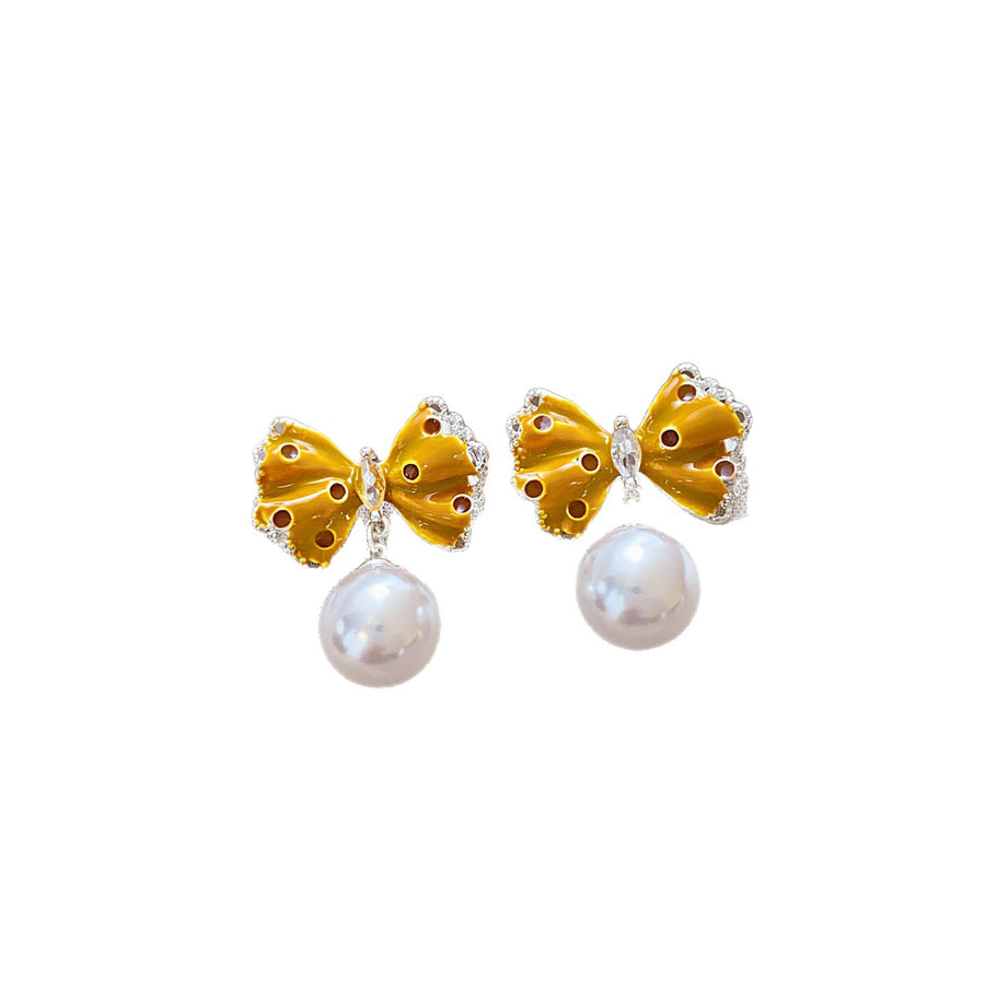 Enamel Bow Pearl Stud Earrings - view 5