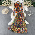 French Slimming Mesh Crew Neck High Waist Printed Tee + Long Skirt + Top 2-Piece Set