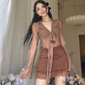 Women's V-Neck Tie Band Sheer Slim Top