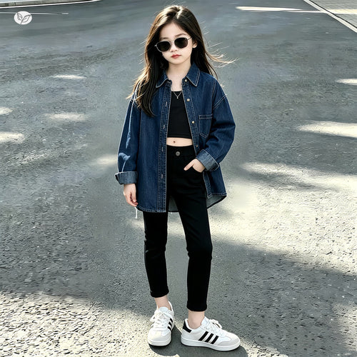 Girls' Denim Shirt Jacket - Lapel Long Sleeve
