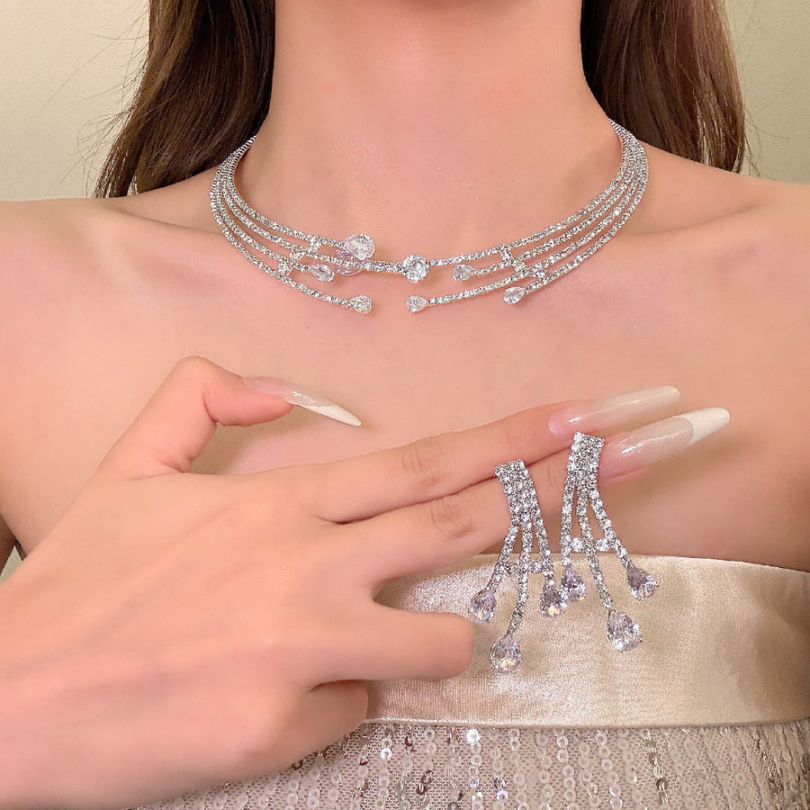 Sparkling Zircon Teardrop Jewelry Set – Multi-Layer Necklace and Earrings - view 7