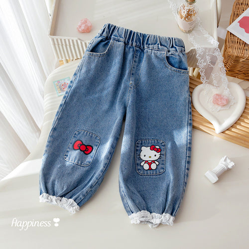 Girls' Cartoon Patchwork Lace Jeans