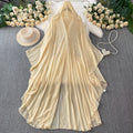 High-End Crystal Beaded V-Neck Hooded Flared Sleeve Irregular Chiffon Dress