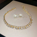 Western Heavy-Duty Iridescent Rhinestone Geometric Square Stud Earring Necklace Set Fashionable Clavicle Chain Light Luxury Premium Necklace