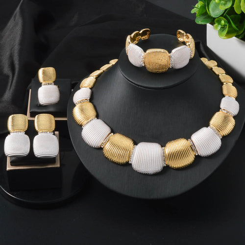 Overseas Middle East Jewelry Mother of Pearl Shell Striped Square Piece Color Block Necklace Bracelet Set Earrings Ring Set Banquet Accessory