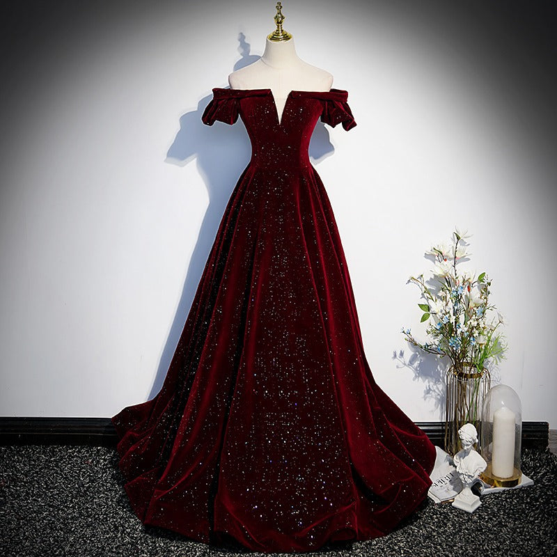 Burgundy Velvet Off-Shoulder Gown - Piano Performance Host Bridal Toasting Dress