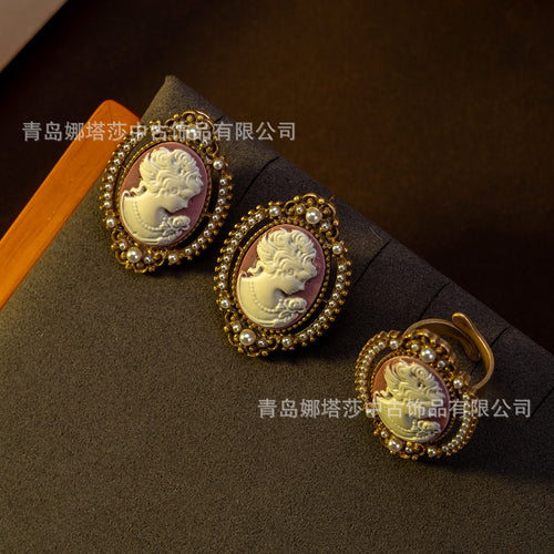 Vintage Earrings Height Stock Imperial Breeze French Maiden Portrait Stud Retro Heavy-Duty Luxury Ring Jewelry Set
