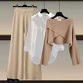Fall-Winter Fashion Slimming Plus Size Knit Wool Wide Leg Pants + Sweater + Shirt 3-Piece Set