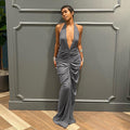 Solid Pleated Deep V Backless Bodycon Dress, Hot Girl Style