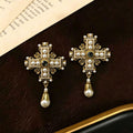 Vintage Cross Drop Imperial Breeze Western Retro Pearl Earrings Rhinestone Fashionable Personality Stud