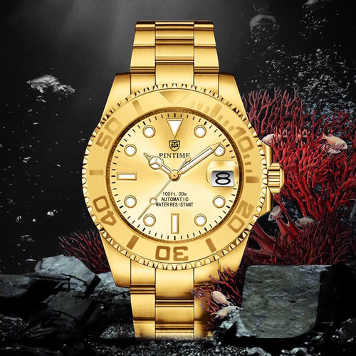 PINTIME Gold Rolex Watch Men Mechanical Self-Winding Movement Premium Formal Full Precision Steel Mens Watch Waterproof Watch