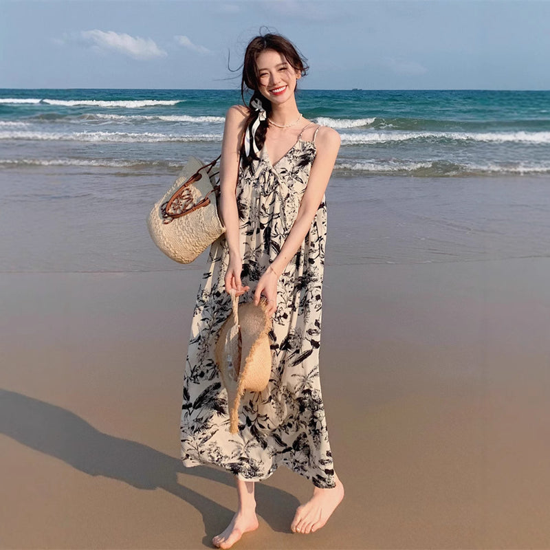 Chinese Ink Print V-Neck Camisole Loose Over-Knee Dress
