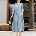 Ethnic Style Embroidered Cotton Jacquard Mid-Length Dress, Fitted Slimming