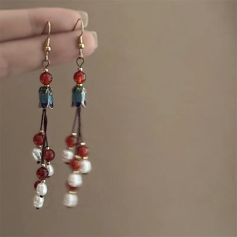 Chinese-Style Glass Bead Tassel Earrings - view 4