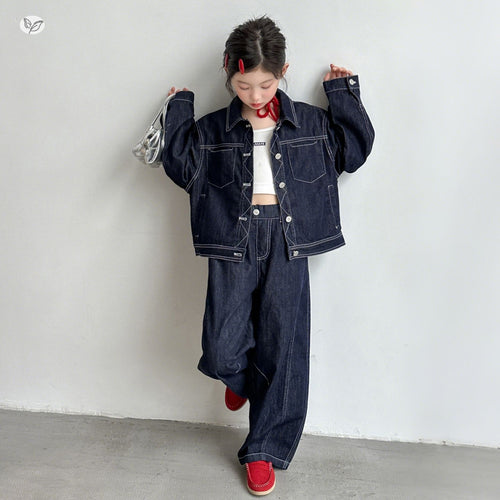 Girls' Denim Lapel Jacket & Wide-Leg Pants Set