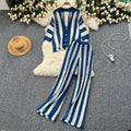Retro Slimming Plus Size Knit Striped Loose Color-Block Wide Leg Pants + Cardigan Set