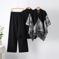 Fall-Winter Casual Fashion Knit Wool High Neck Mock Neck Loose Sweater + Shawl + Pants 3-Piece Set